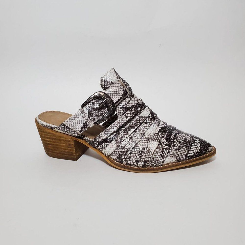 Arider Girl Black and White Snakeskin Western Buckle Slip On Chunky Heel Mules